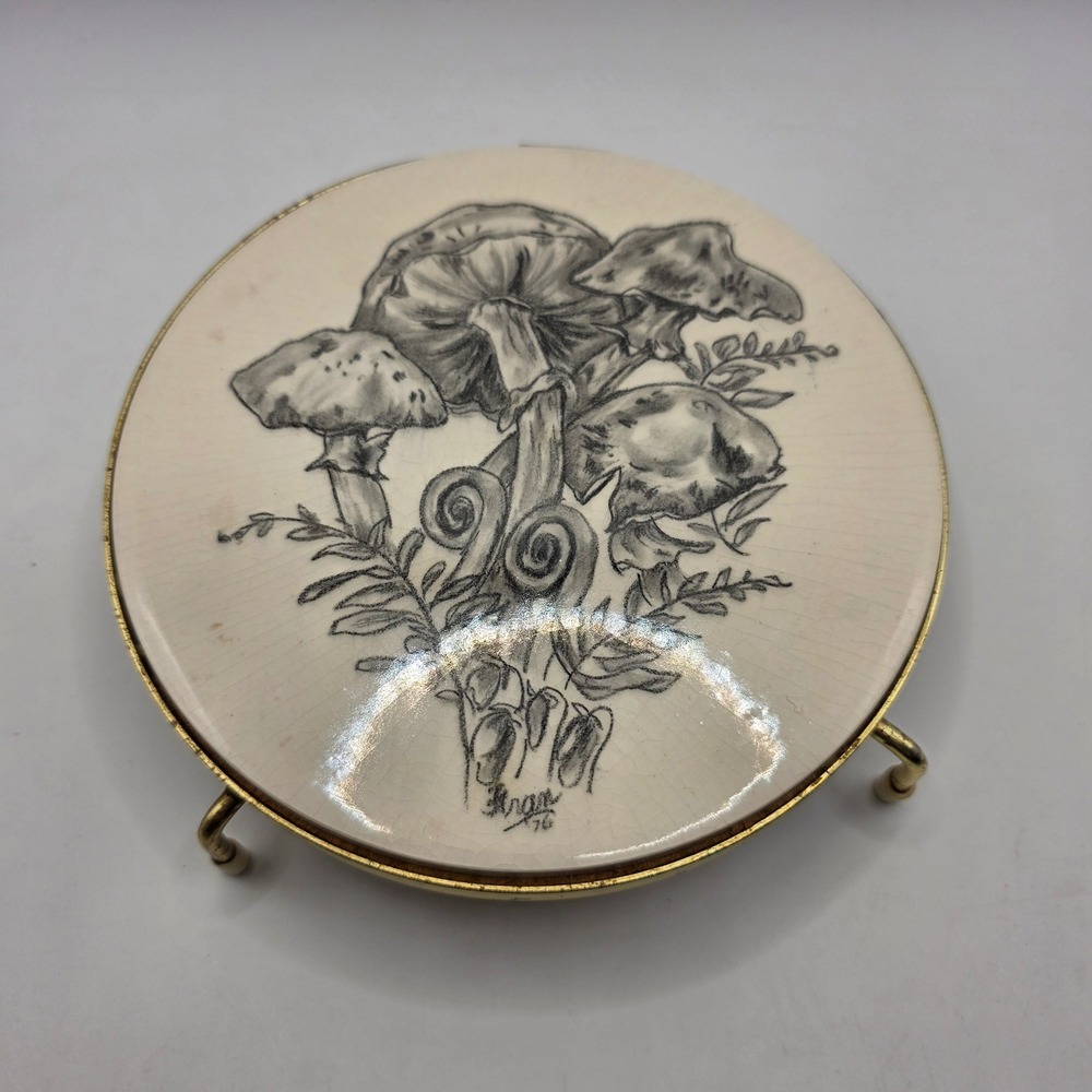 Vintage 1976 Fran Artist Signed Mushroom Fern Ceramic Footed Trivet 6 Inch Round